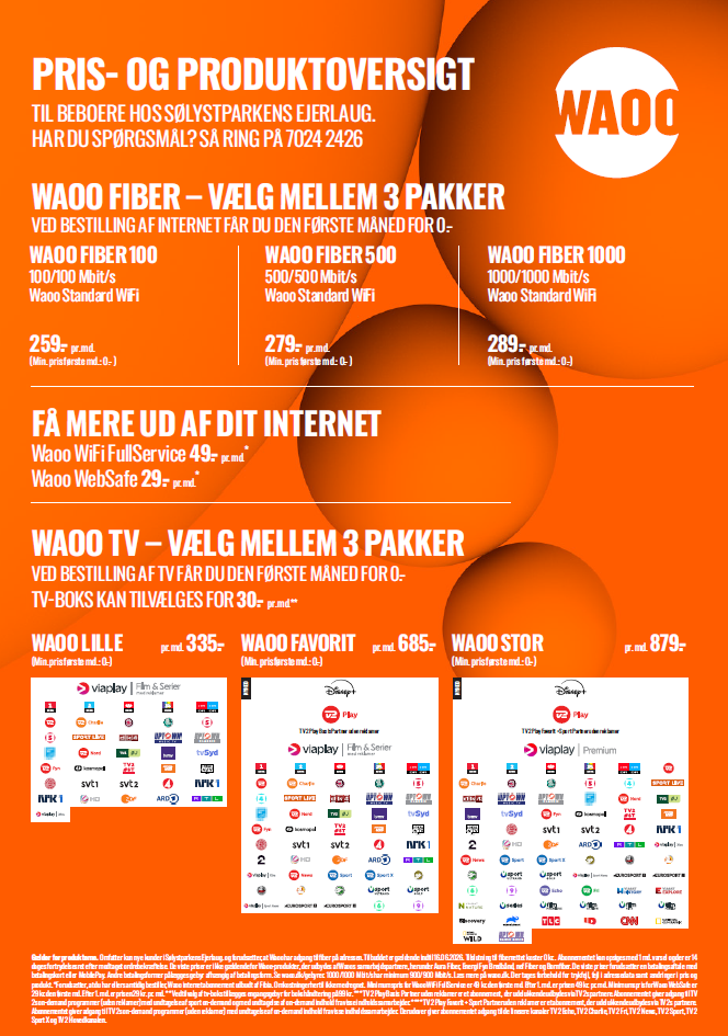 Waoo pris- og produktoversigt for beboere i Sølystparkens Ejerlaug: fiberpakker fra 259 kr./md. og TV-pakker fra 335 kr./md.